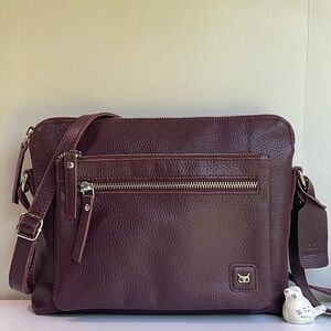 Wise Owl Pebbled Leather Triple Zip Premium Sling Crossbody In Plum Color